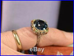 Antique Art Deco 18k yellow white gold filigree enamel large blue zircon ring