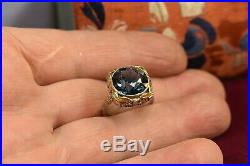 Antique Art Deco 18k yellow white gold filigree enamel large blue zircon ring