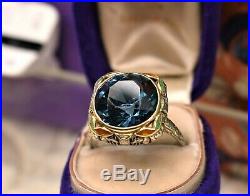 Antique Art Deco 18k yellow white gold filigree enamel large blue zircon ring