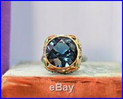 Antique Art Deco 18k yellow white gold filigree enamel large blue zircon ring