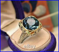 Antique Art Deco 18k yellow white gold filigree enamel large blue zircon ring