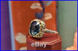 Antique Art Deco 18k yellow white gold filigree enamel large blue zircon ring