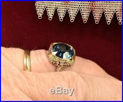 Antique Art Deco 18k yellow white gold filigree enamel large blue zircon ring