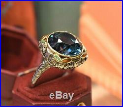 Antique Art Deco 18k yellow white gold filigree enamel large blue zircon ring