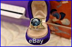 Antique Art Deco 18k yellow white gold filigree enamel large blue zircon ring