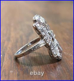 Antique Art Deco 1930s Platinum 1.41ctw Marquise & Emerald Diamond Filigree Ring