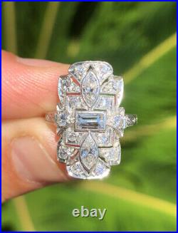 Antique Art Deco 1930s Platinum 1.41ctw Marquise & Emerald Diamond Filigree Ring