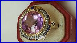 Antique Art Deco Amethyst Seed Pearl Enamel 14k Yellow Gold Ring, 1920s