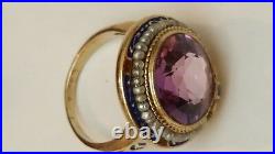 Antique Art Deco Amethyst Seed Pearl Enamel 14k Yellow Gold Ring, 1920s