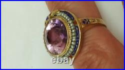 Antique Art Deco Amethyst Seed Pearl Enamel 14k Yellow Gold Ring, 1920s