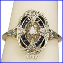 Antique Art Deco Blue Sapphire White Diamond Jewelry Vintage Ring 925 Silver