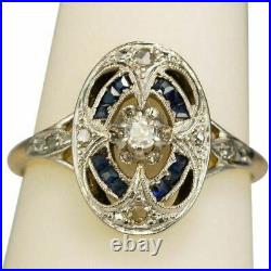 Antique Art Deco Blue Sapphire White Diamond Jewelry Vintage Ring SterlingSilver