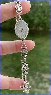 Antique Art Deco Camphor Glass Diamond 14k White Gold Filigree Bracelet
