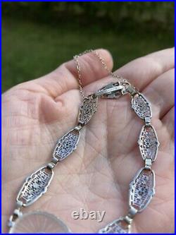 Antique Art Deco Camphor Glass Diamond 14k White Gold Filigree Bracelet