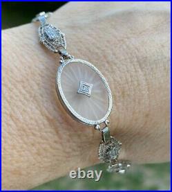 Antique Art Deco Camphor Glass Diamond 14k White Gold Filigree Bracelet