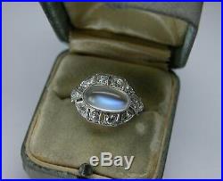 Antique Art Deco Platinum Blue Hue Moonstone Diamond Engagement Ring