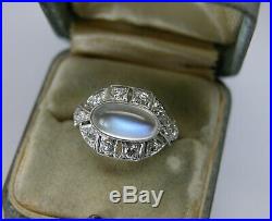 Antique Art Deco Platinum Blue Hue Moonstone Diamond Engagement Ring