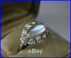 Antique Art Deco Platinum Blue Hue Moonstone Diamond Engagement Ring