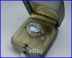 Antique Art Deco Platinum Blue Hue Moonstone Diamond Engagement Ring