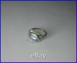 Antique Art Deco Platinum Blue Hue Moonstone Diamond Engagement Ring