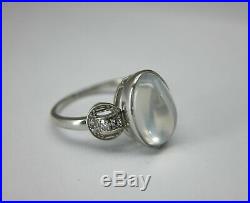 Antique Art Deco Platinum Diamond Blue Hue Moonstone Engagement Ring