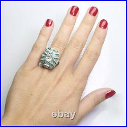 Antique Art Deco Vintage 5.10CTW. Diamond & Emerald 925 Sterling Silver Ring
