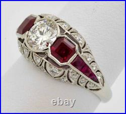 Antique Art Deco White And Red Ruby Diamond Vintage Engagement Ring 925 Silver