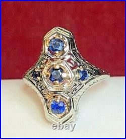 Antique Estate 18k White Gold Natural Blue Sapphire Ring Art Deco