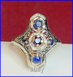 Antique Estate 18k White Gold Natural Blue Sapphire Ring Art Deco