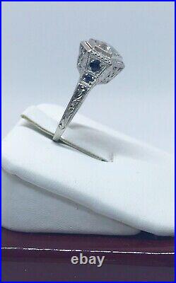 Antique Estate ART DECO Platinum Engagement Ring Natural Diamond Sapphire