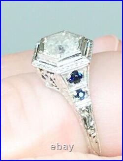 Antique Estate ART DECO Platinum Engagement Ring Natural Diamond Sapphire