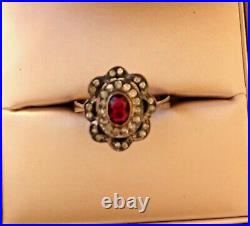Antique French Art Deco 18k Gold, Diamond, & Ruby Ring, Size 8
