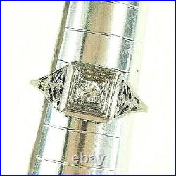 Antique Ornate 1930s White Gold Diamond Art Deco Solitaire Engagement Ring Vtg