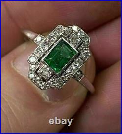 Antique Vintage Art Deco 2Ct Emerald Diamond Engagement Ring 14K White Gold Over