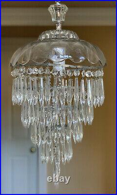 Antique Vintage Art Deco Clear Crystal Glass Wedding Cake Chandelier