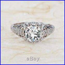 Antique Vintage Art Deco Engagement Ring 2.2Ct Round Diamond 14k White Gold Over
