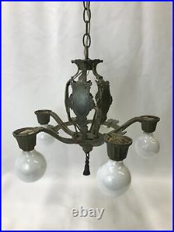 Antique Vtg 5-Arm Chandelier Gothic Arts & Crafts Deco Hanging Light 40s Silver