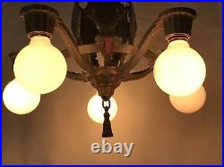 Antique Vtg 5-Arm Chandelier Gothic Arts & Crafts Deco Hanging Light 40s Silver