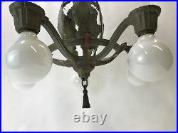 Antique Vtg 5-Arm Chandelier Gothic Arts & Crafts Deco Hanging Light 40s Silver