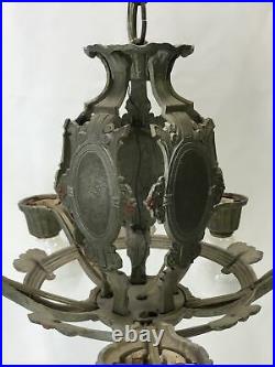 Antique Vtg 5-Arm Chandelier Gothic Arts & Crafts Deco Hanging Light 40s Silver