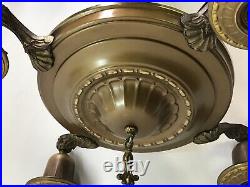 Antique Vtg Art Deco Brass Ceiling Fixture Chandelier Hanging Pan Light 4 Arm