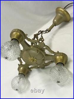 Antique Vtg Chandelier Arts & Crafts Deco Ceiling Hanging Light 1920s Gold 3 Arm