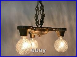 Antique Vtg Chandelier Arts & Crafts Deco Ceiling Hanging Light 1920s Gold 3 Arm