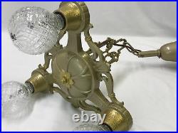 Antique Vtg Chandelier Arts & Crafts Deco Ceiling Hanging Light 1920s Gold 3 Arm