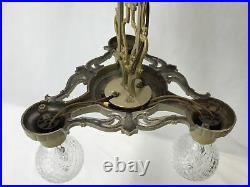 Antique Vtg Chandelier Arts & Crafts Deco Ceiling Hanging Light 1920s Gold 3 Arm