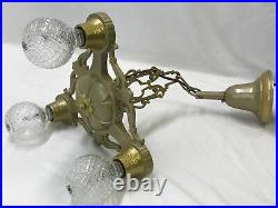 Antique Vtg Chandelier Arts & Crafts Deco Ceiling Hanging Light 1920s Gold 3 Arm