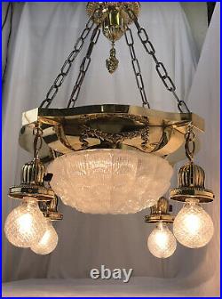 Antique Vtg Chandelier Victorian Art Deco Hanging 5 Light Ornate Brass & Glass