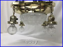 Antique Vtg Chandelier Victorian Art Deco Hanging 5 Light Ornate Brass & Glass