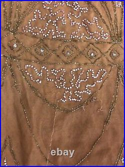 Antique art deco 1920s brown silk glass beaded flapper dress with rhinestones
