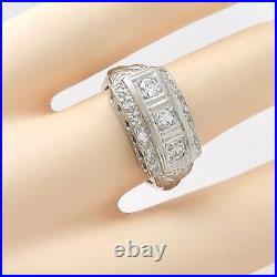 Art Deco 14k White Gold European Cut Diamond 3 Stone Row Band Ring